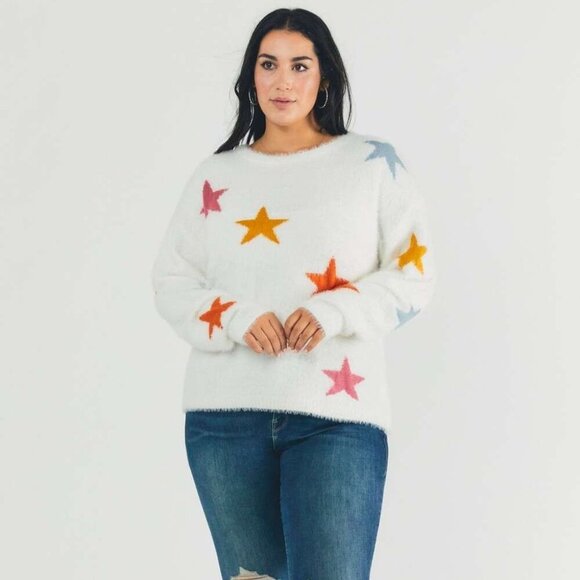 DAVI & DANI Cozy White Fuzzy Knit Sweater with Colorful Star Print, Plus Size - Picture 7 of 8